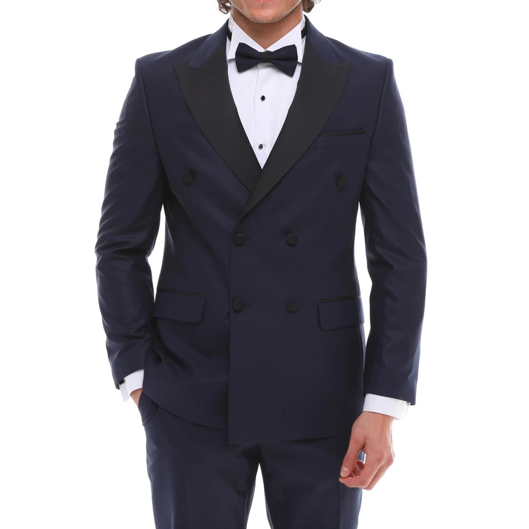 SDW2303 - Men's Double Breasted Navy Tuxedo Suit Dinner Jacket Black Noth Lapel Tux Classic