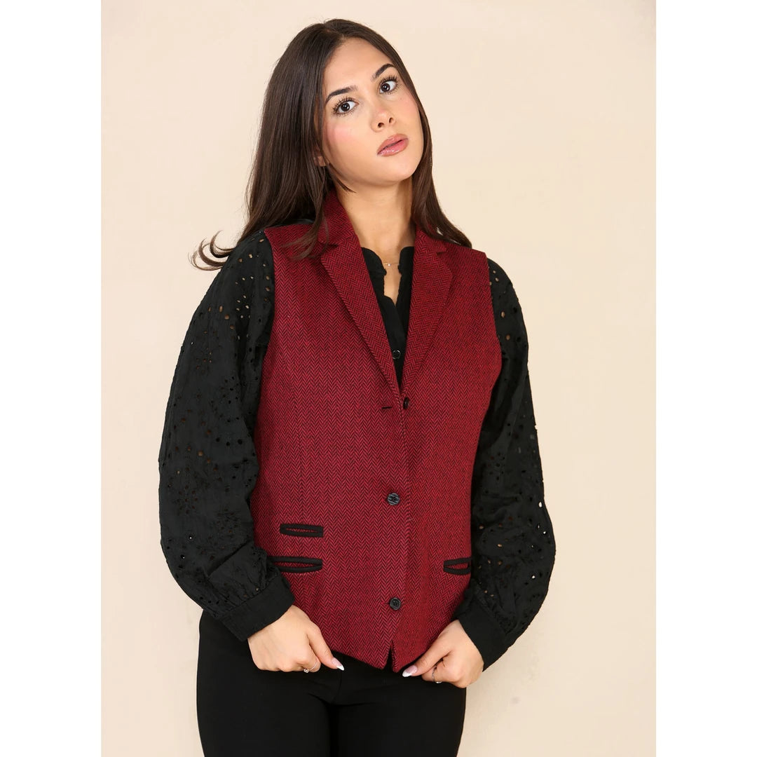 Women's Tweed Herringbone Waistcoat Blazer Jacket Wine Red Classic 1920s