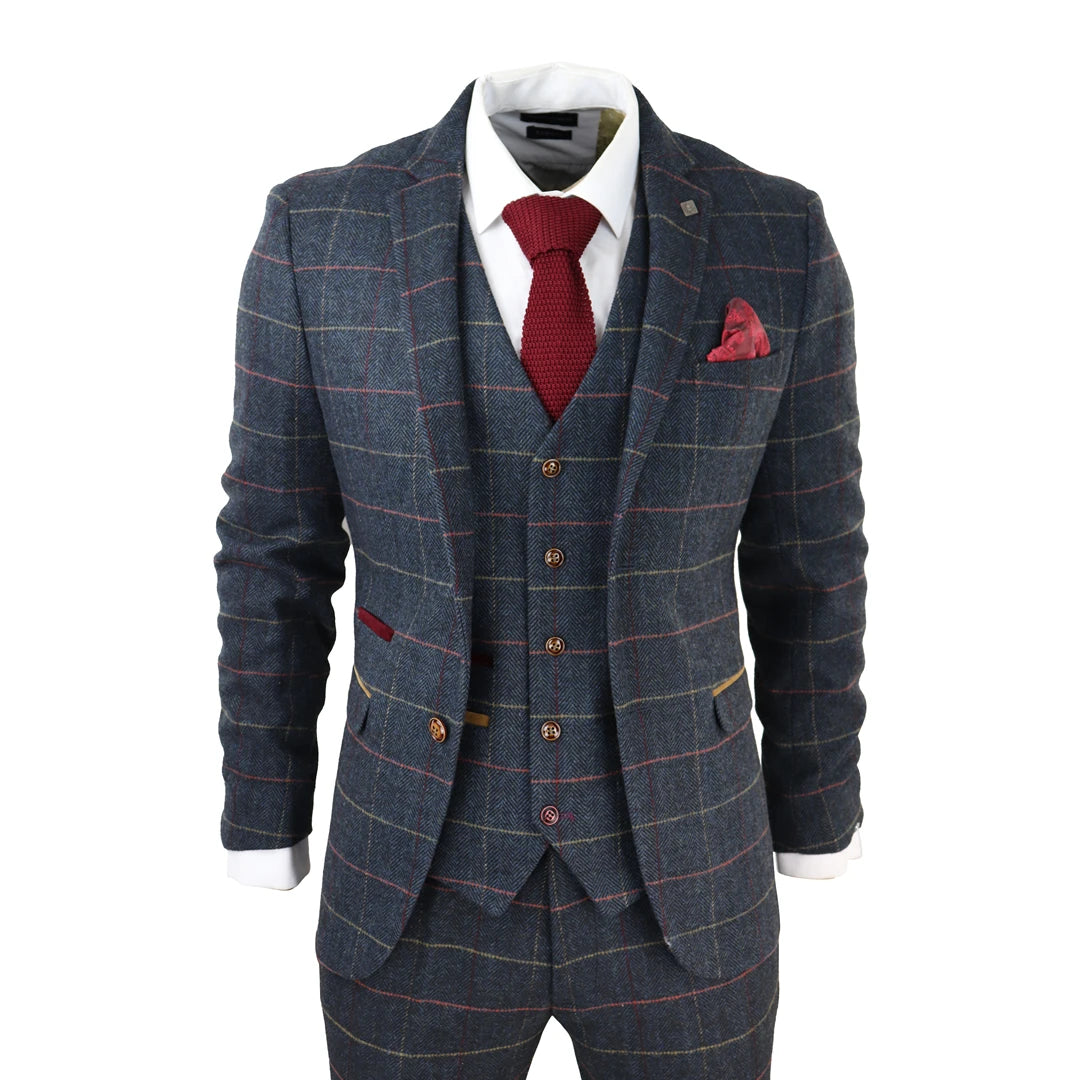 Mens navy checked 2024 suit