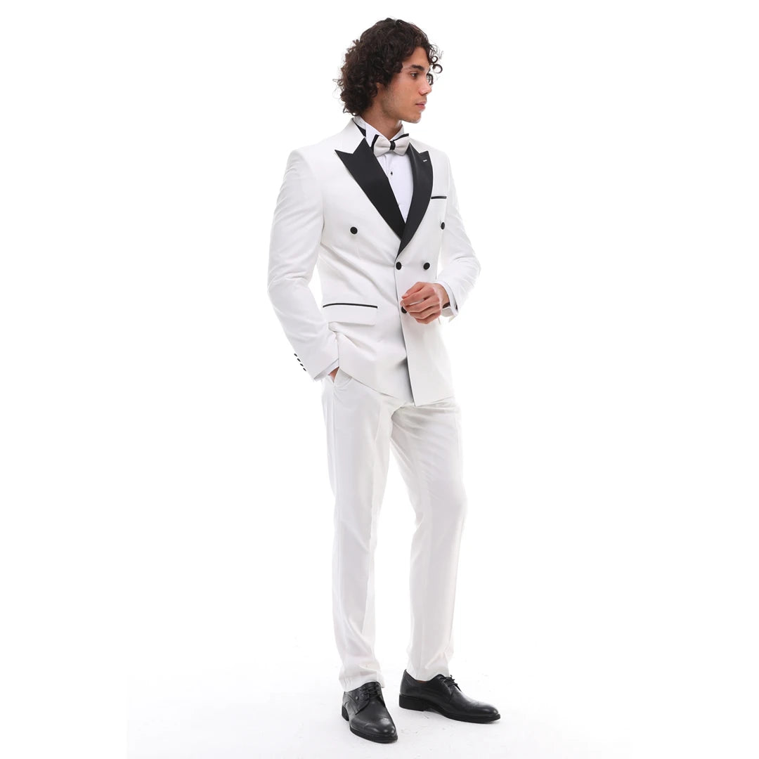 SDW2302 - Men's Double Breasted Dinner Suit Wedding Tuxedo Black Tie White Black Classic