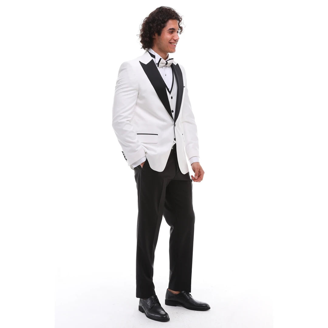 SP2302 - Men's 3 Piece Dinner Suit Wedding Prom Tuxedo Black Tie White Black Classic Bond