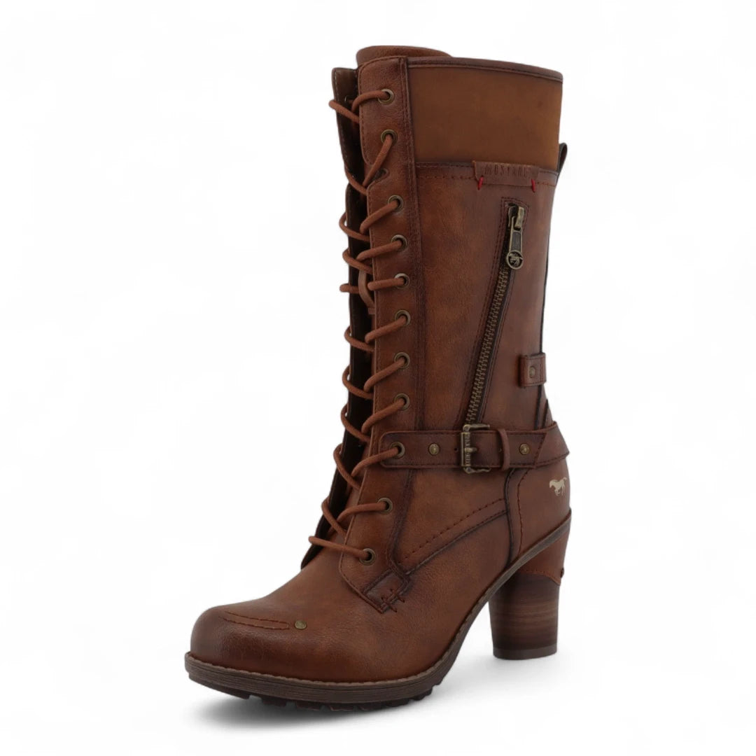 Women's Brown Mid-Calf Lace Up Heeled Combat Boots-TruClothing