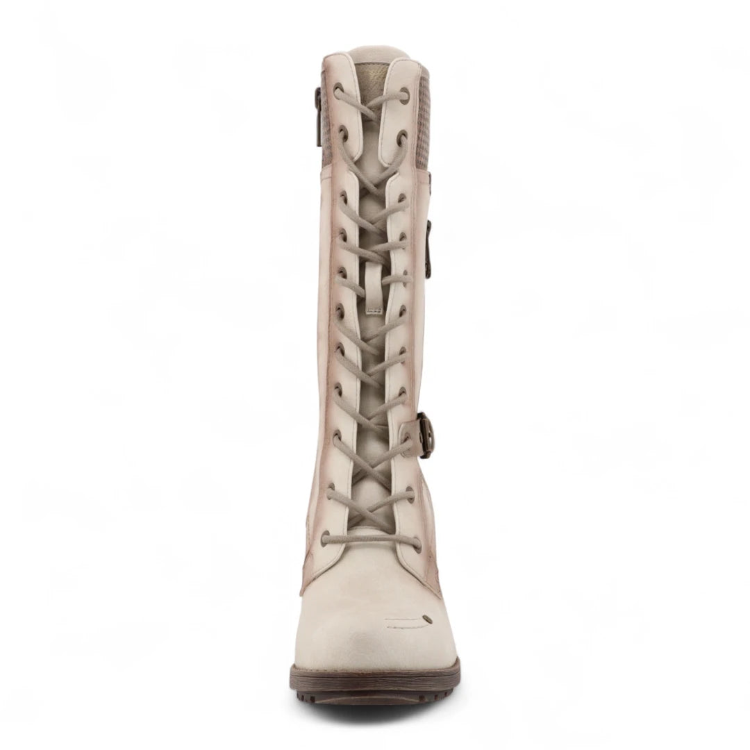 Women's Cream White Mid-Calf Lace Up Heeled Combat Boots-TruClothing