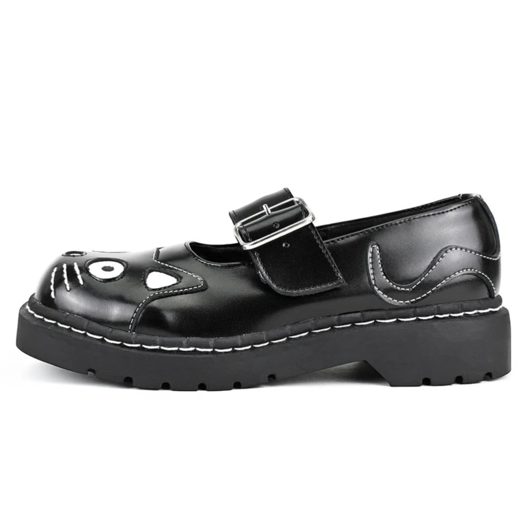 Women's Mary Jane Kitty Black Leather Platform Goth Shoes-TruClothing