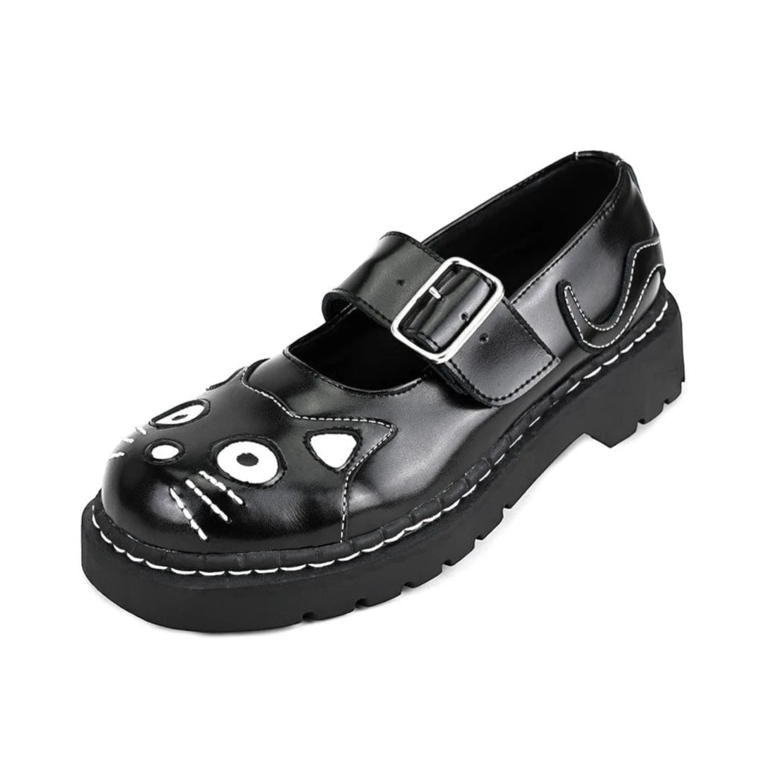 Women's Mary Jane Kitty Black Leather Platform Goth Shoes-TruClothing