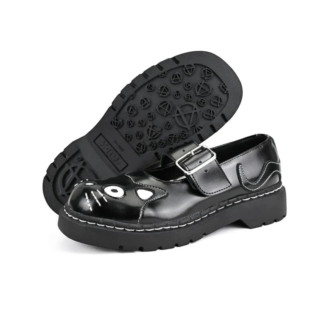 Women's Mary Jane Kitty Black Leather Platform Goth Shoes-TruClothing