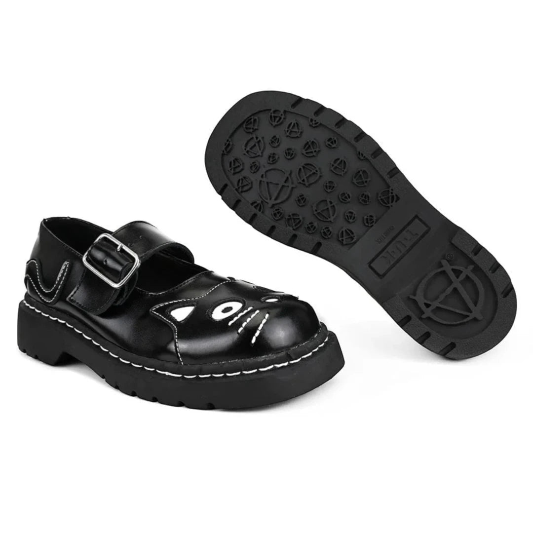 Women's Mary Jane Kitty Black Leather Platform Goth Shoes-TruClothing