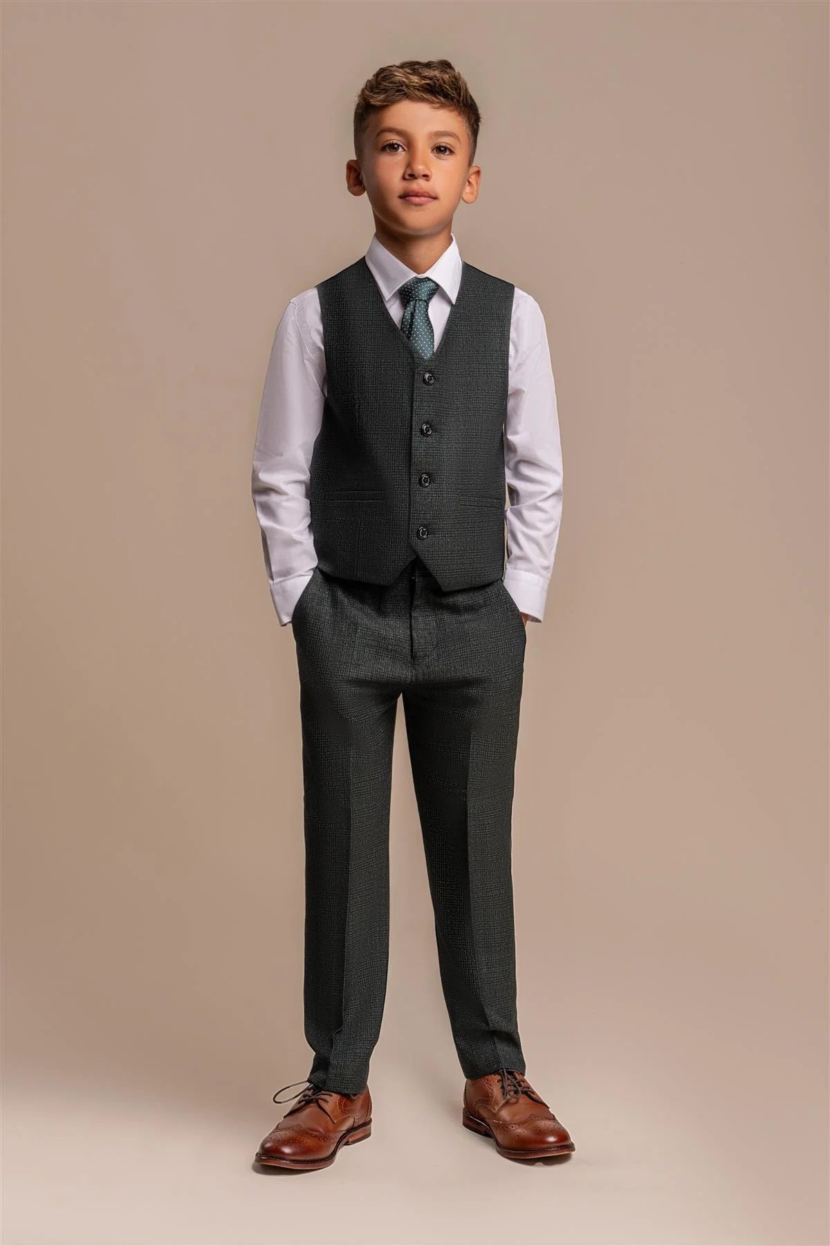Caridi - Boys 3 Piece Olive Check Tweed Suit