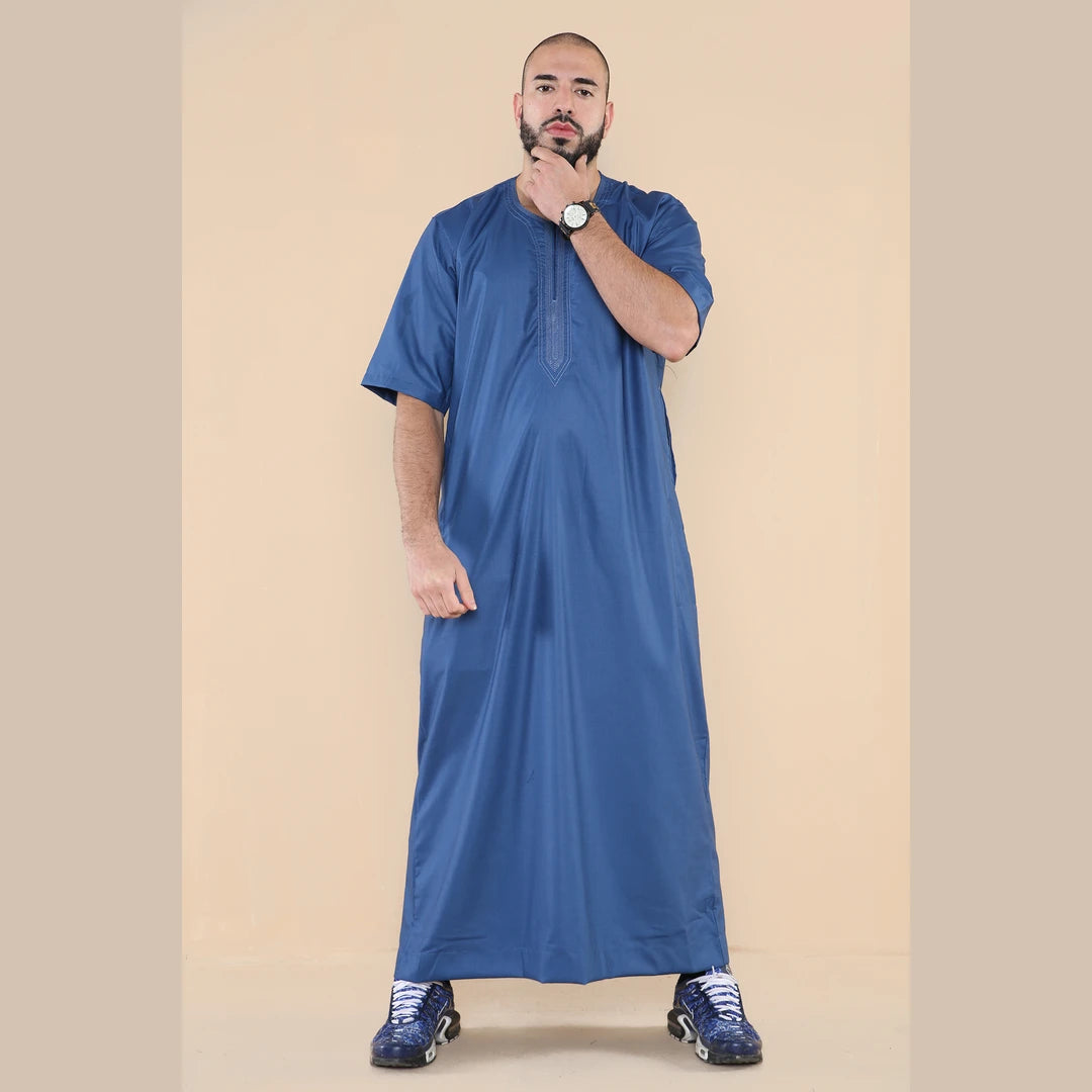 Mens Thobe Jubba Islamic Clothing Kaftan Half Sleeve Robe Moroccan Arab Zipped