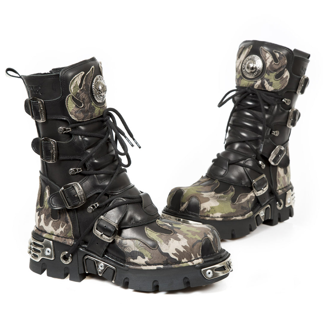 591 S15 New Rock Camouflage Flame Metallic Black Leather Biker Goth Boot-TruClothing