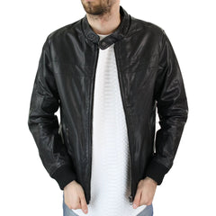 Aviatrix Aidan - Mens Slim Fit Black Retro Smart Casual Real Leather Bomber Jacket Collarless-TruClothing