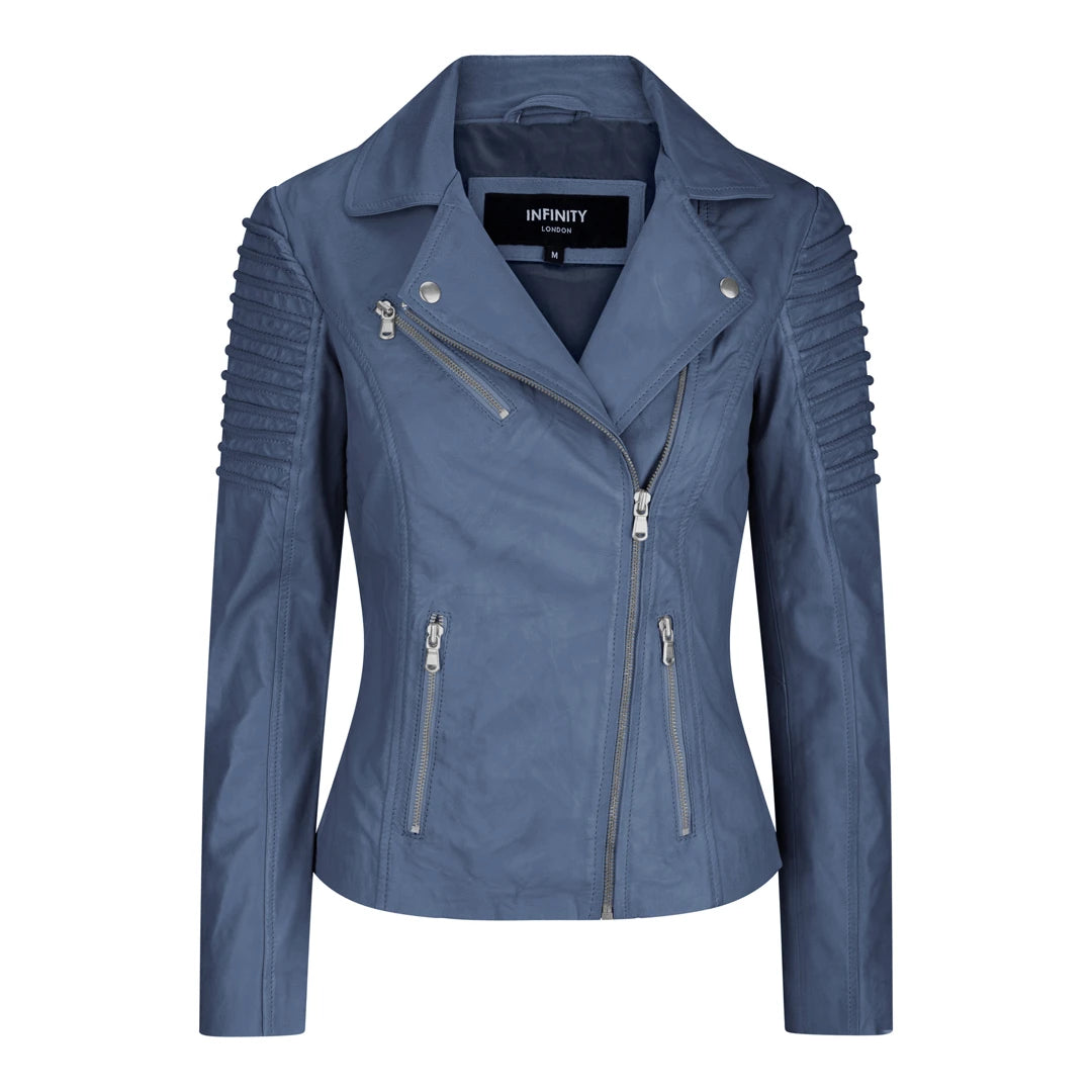 Women s Leather Blue Biker Jacket Blue Small