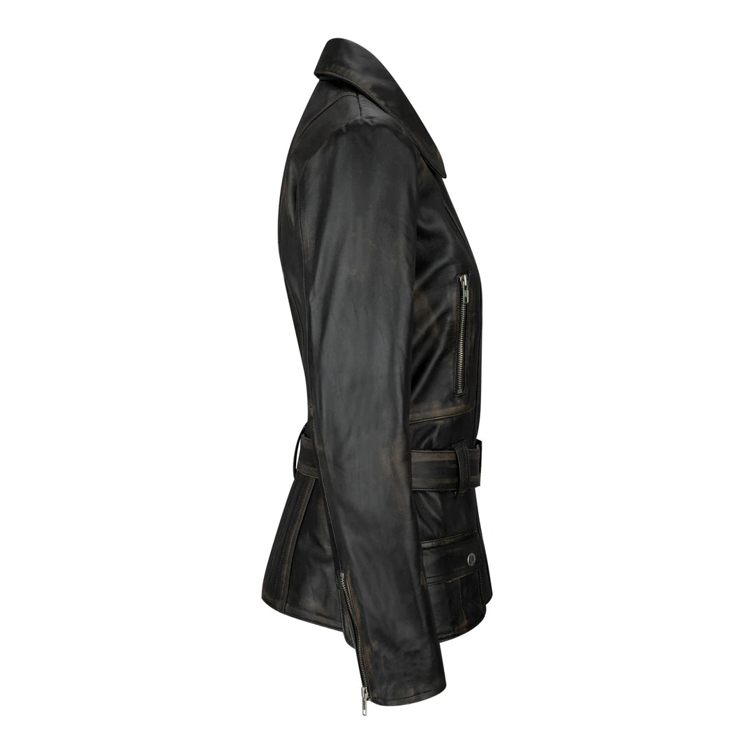 Ladies Womans Mid Length Trench Designer Real Leather Jacket-TruClothing