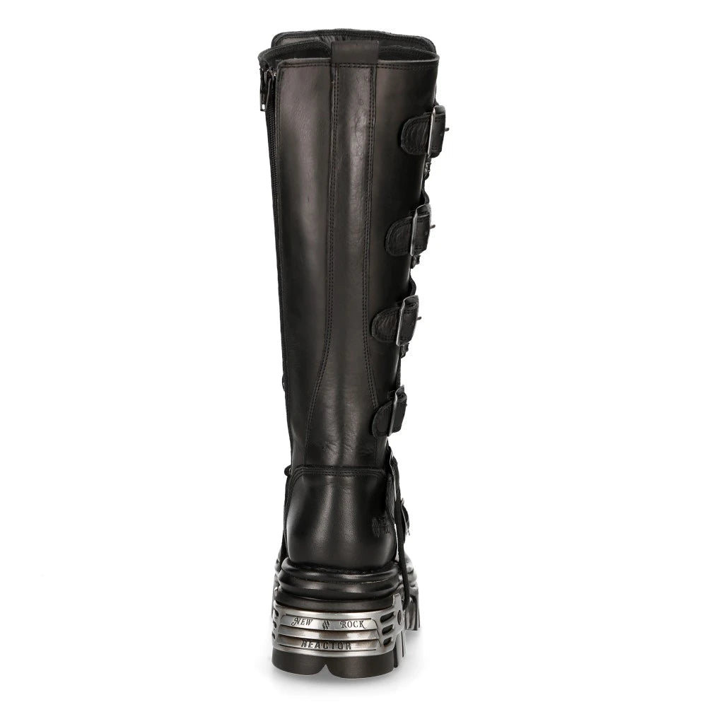 M272-S1 Metallic Black Goth Knee High Zip Leather Buckle Boots Punk Emo-TruClothing