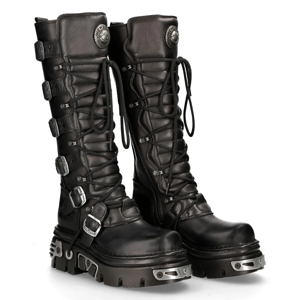 M272-S1 Metallic Black Goth Knee High Zip Leather Buckle Boots Punk Emo-TruClothing