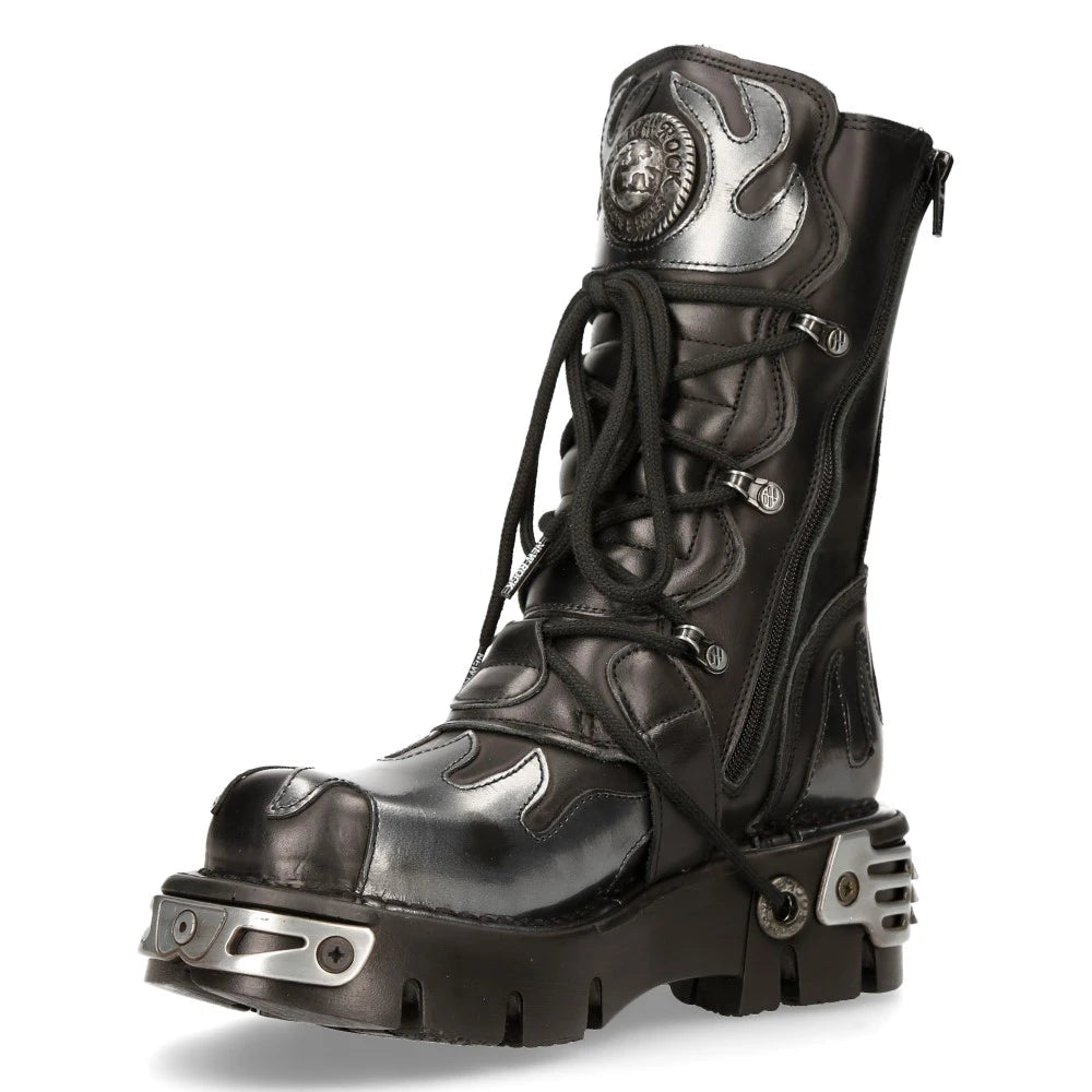 M591-S2 Newrock New Rock Silver Flame Metal Black Leather Emo Punk Goth Boots-TruClothing
