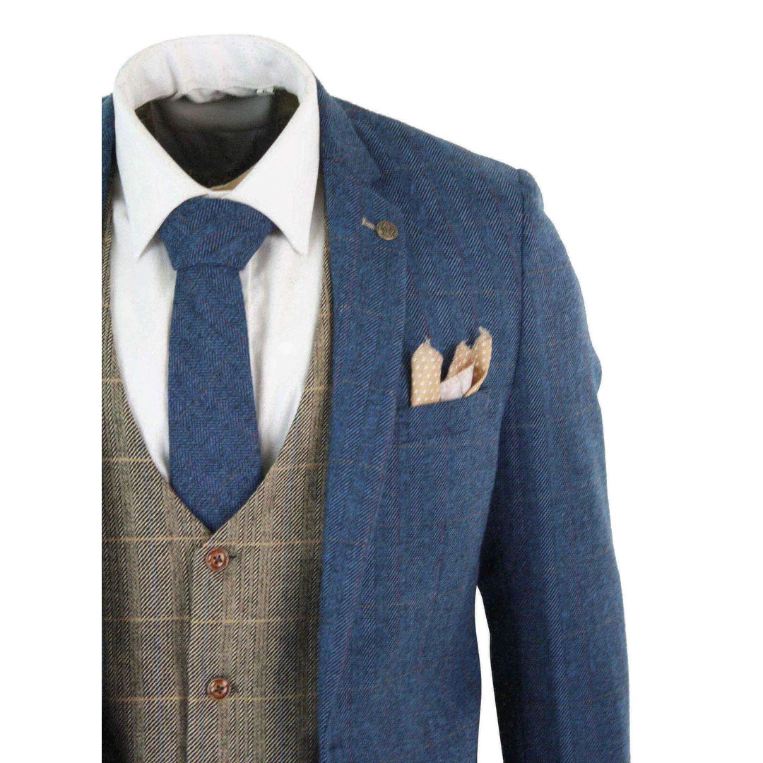 Marc Darcy Dion - Mens Blue Tan Brown 3 Piece Herringbone Tweed Check Vintage Tailored Fit Suit-TruClothing