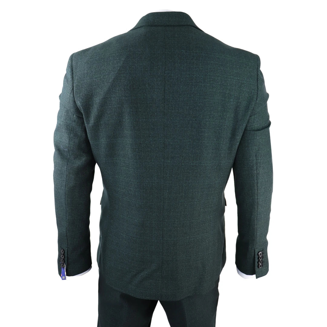 Mens 3 Piece Check Suit Tweed Olive Green Tailored Fit Wedding Peaky Classic-TruClothing