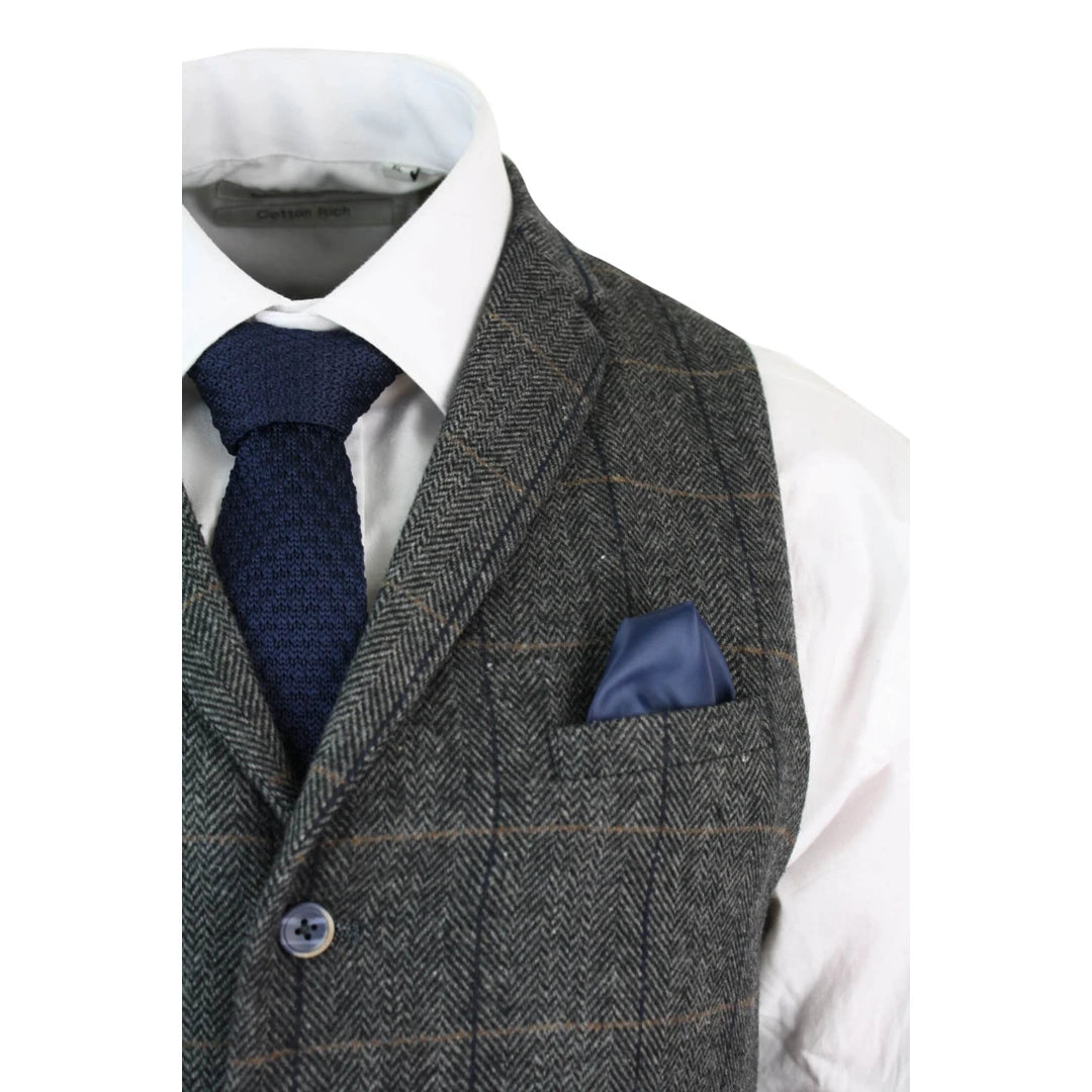 Mens 3 Piece Classic Tweed Herringbone Check Grey Navy Slim Fit Vintage Suit Grey Charcoal-TruClothing