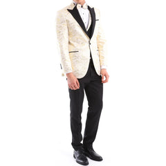Mens 3 Piece Cream Black Ivory Suit Bow Tie Tuxedo Ceremony Wedding Grooms Prom-TruClothing