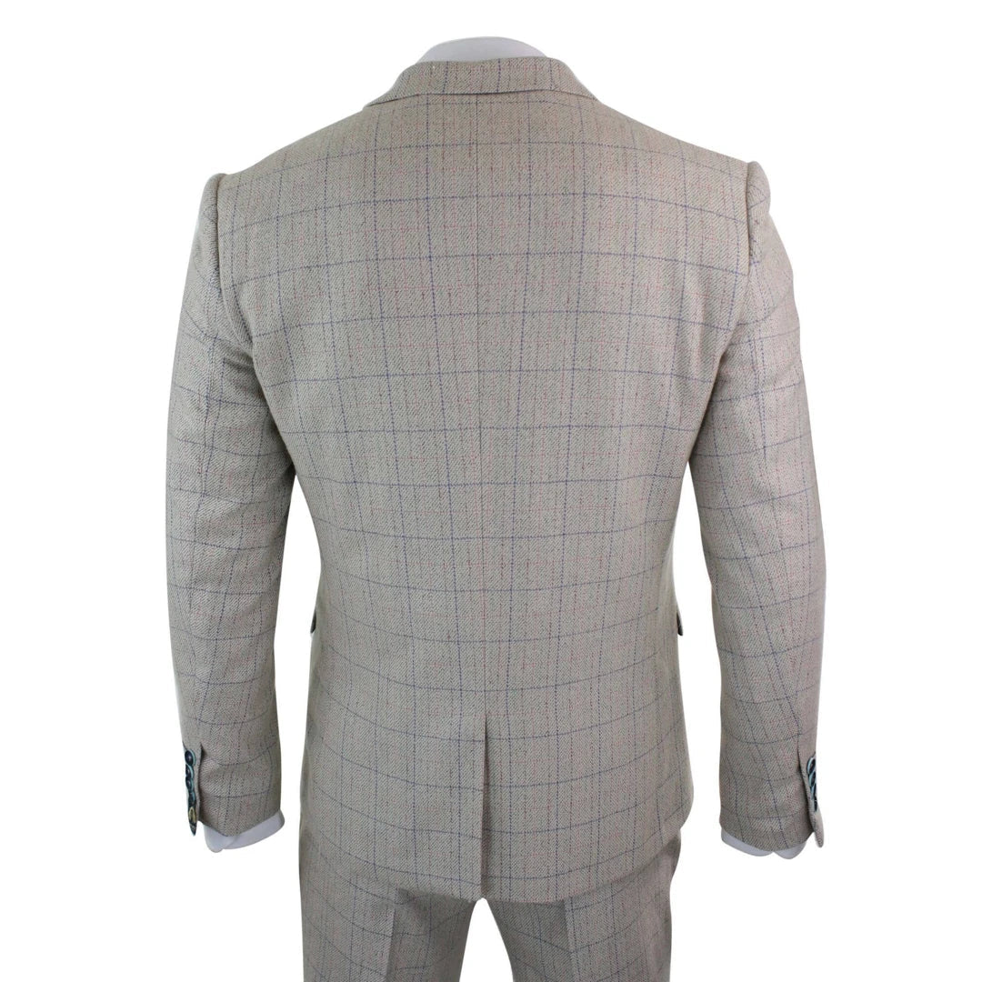 Men's 3 Piece Cream Blue-Check Suit-TruClothing
