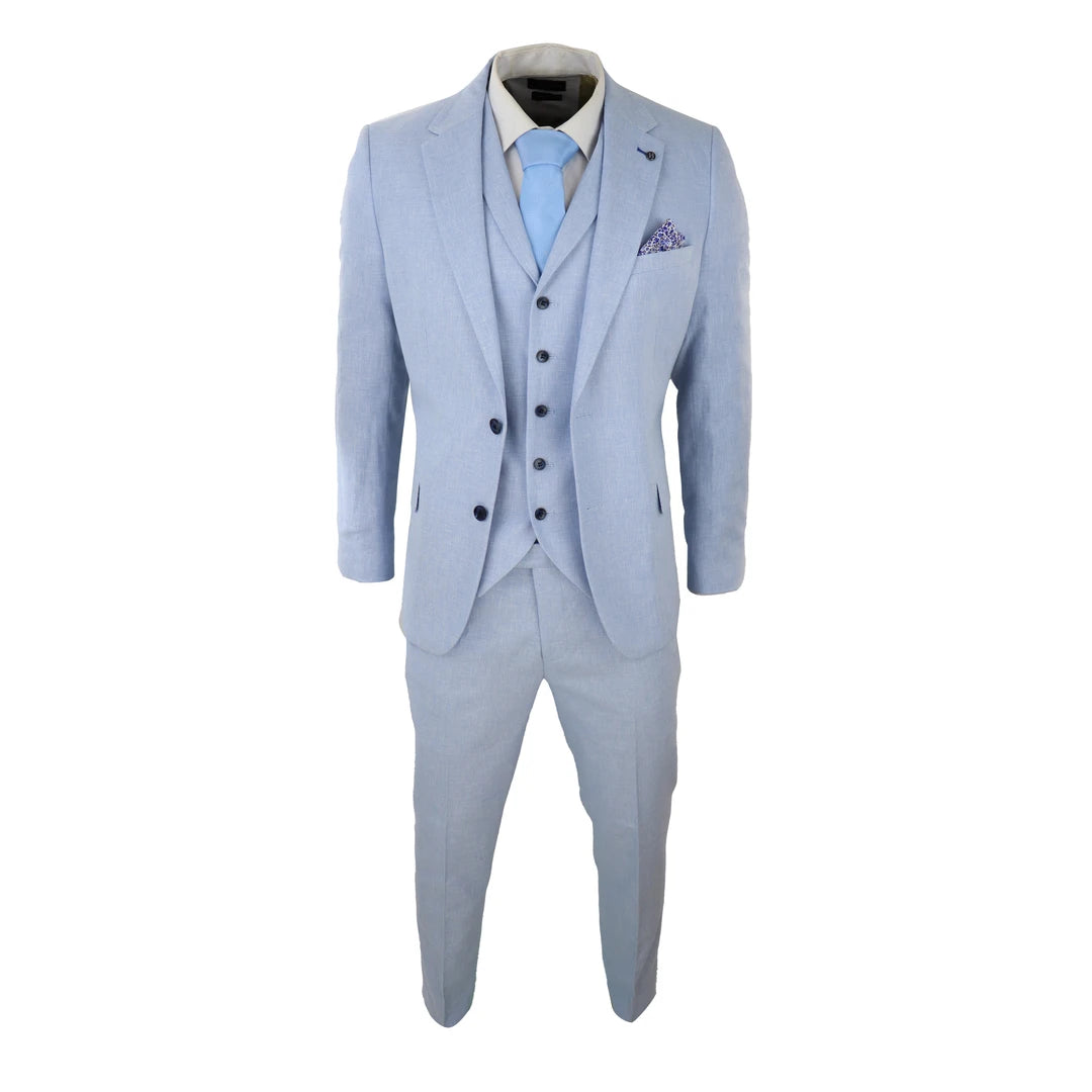 Mens 3 Piece Linen Suit Summer Breathable Wedding Cotton Baby Blue Light-TruClothing