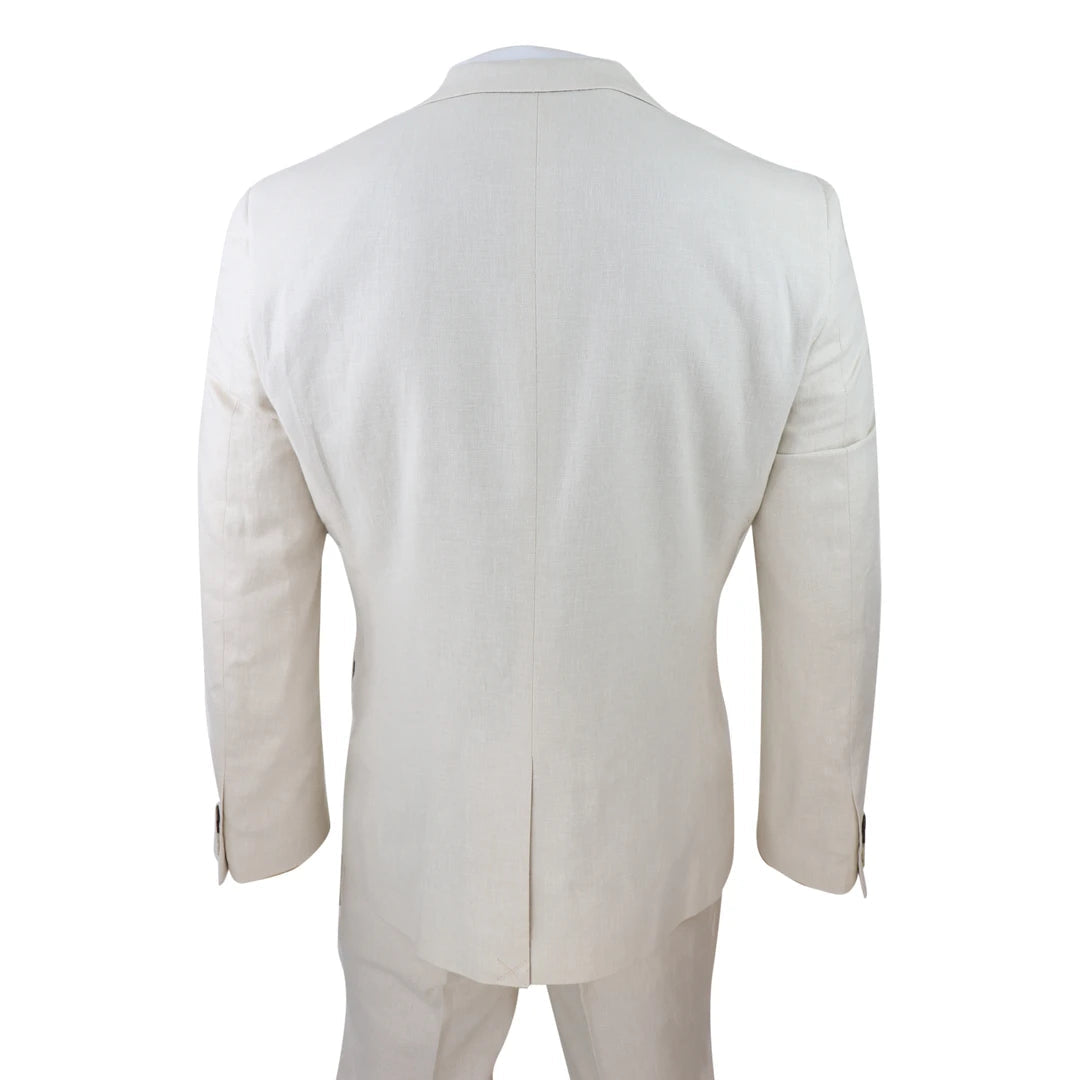 Mens 3 Piece Linen Suit Summer Breathable Wedding Cotton Cream Beige-TruClothing