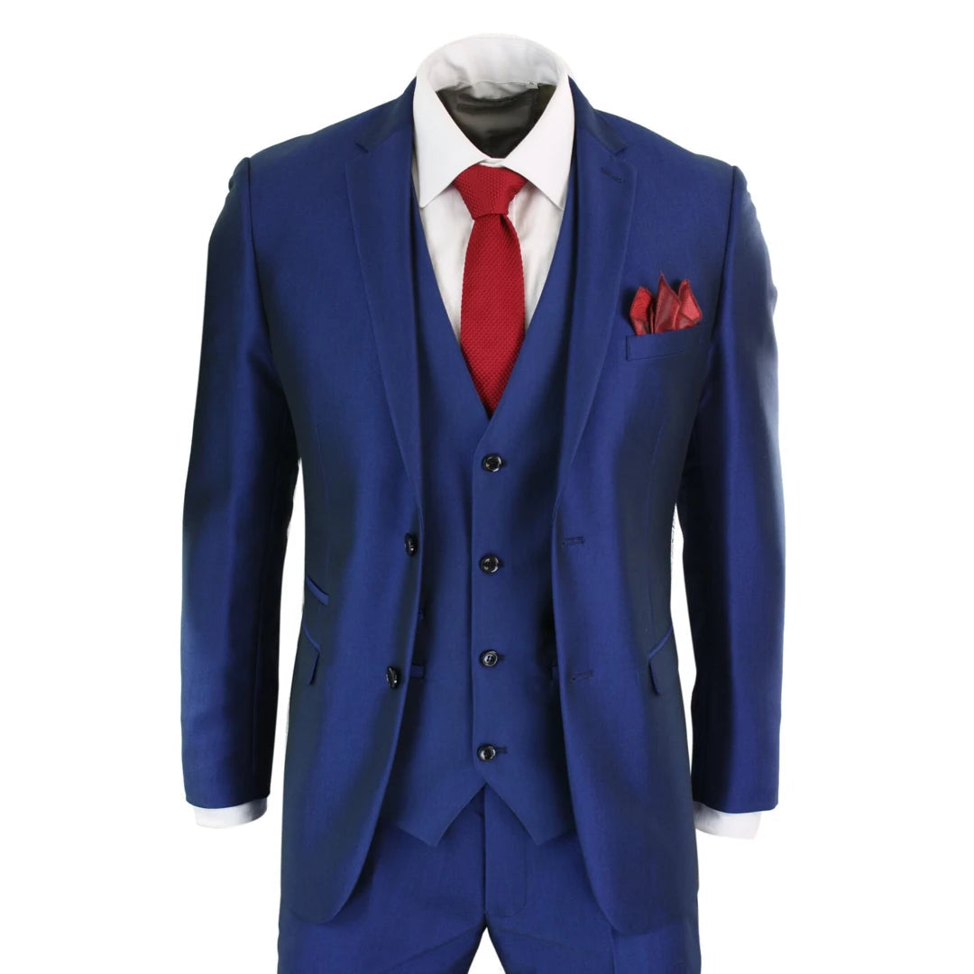 Kingsley - Men's 3 Piece Shiny Blue Wedding Prom Party Suit Formal - Blue /  38 Jacket 32 Trousers / Regular