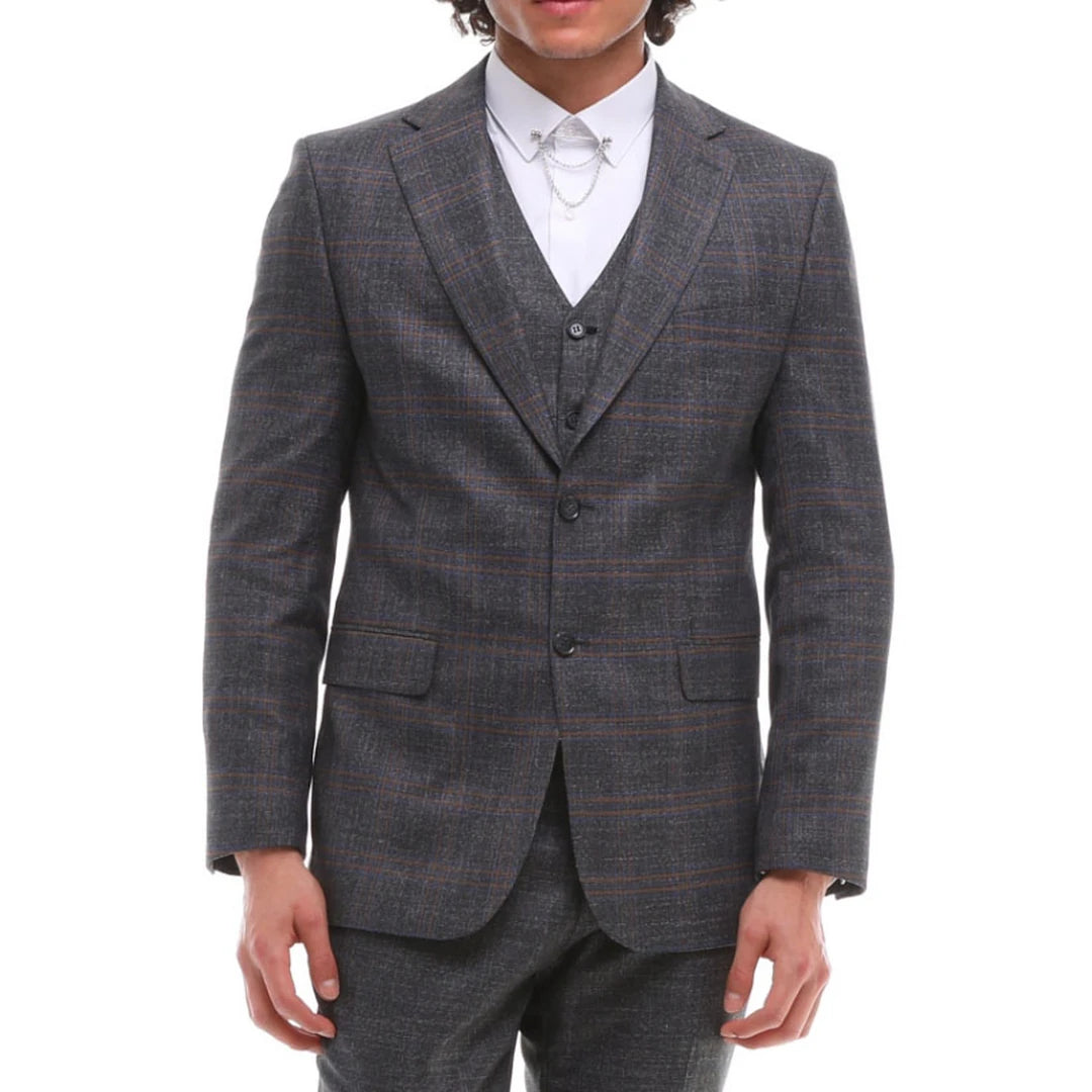 Mens 3 Piece Grey Suit Black Red Check Tailored Fit Wedding Prom