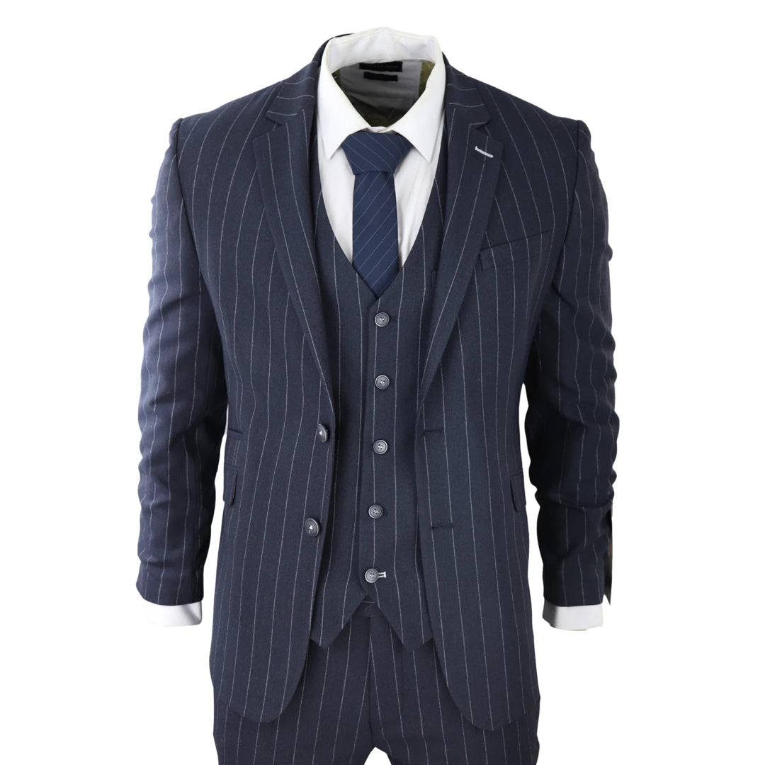 Navy pinstripe 3 piece best sale suit