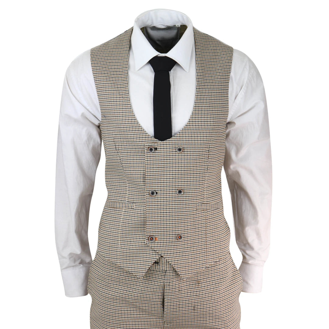 Mens Beige Navy Check Suit-TruClothing