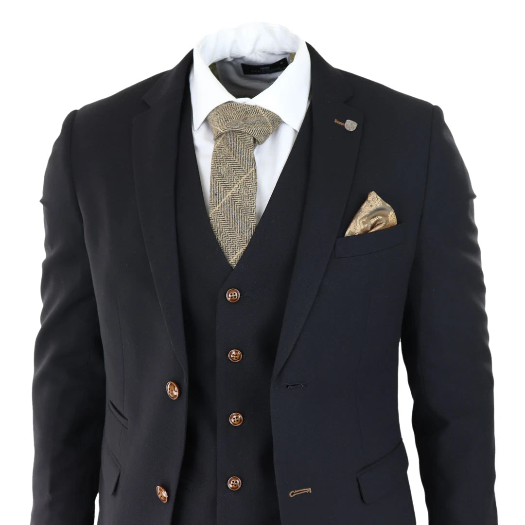 Mens Black 3 piece Suit Brown Trim Classic Birdseye Vintage Wedding Grooms-TruClothing