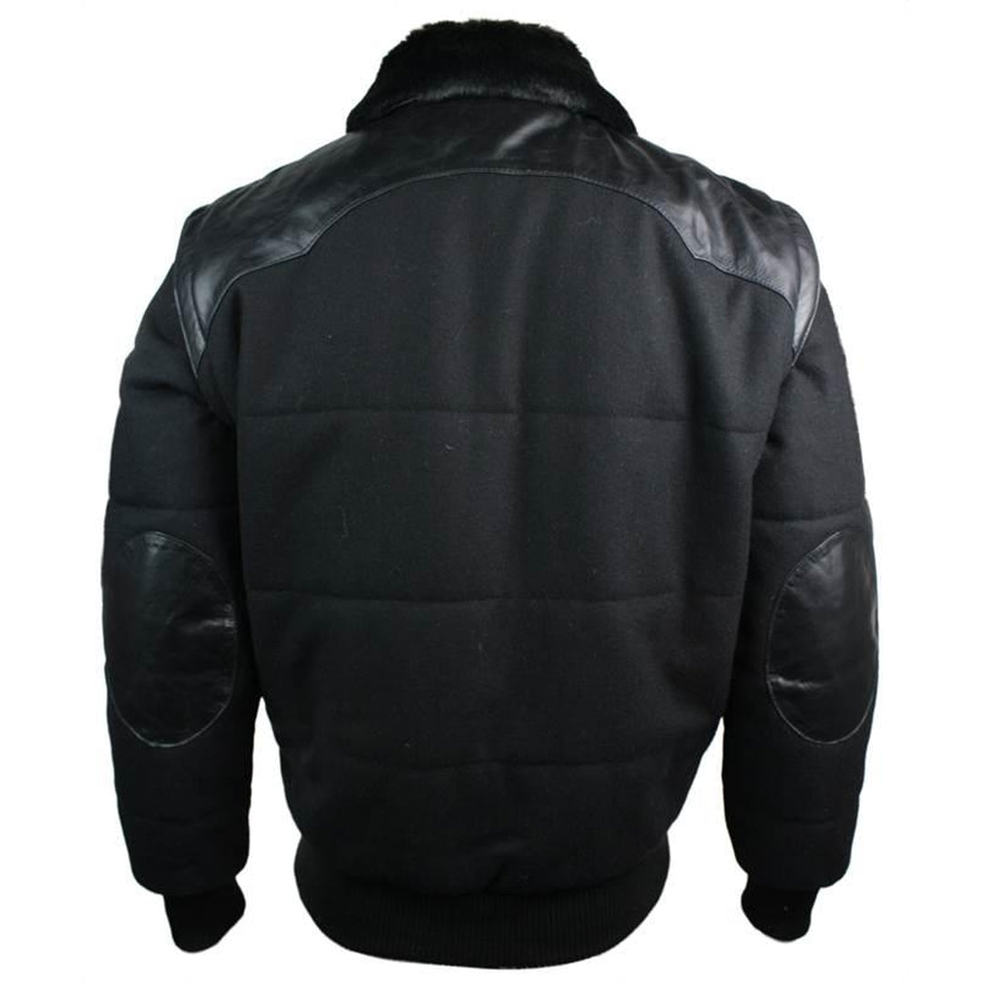 Men's Black Leather Shoulder Patches Bomber Jacket with Removable Sleeves-TruClothing