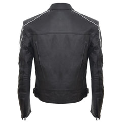 Mens Black Padded Biker Leather Jacket with White Trim-TruClothing