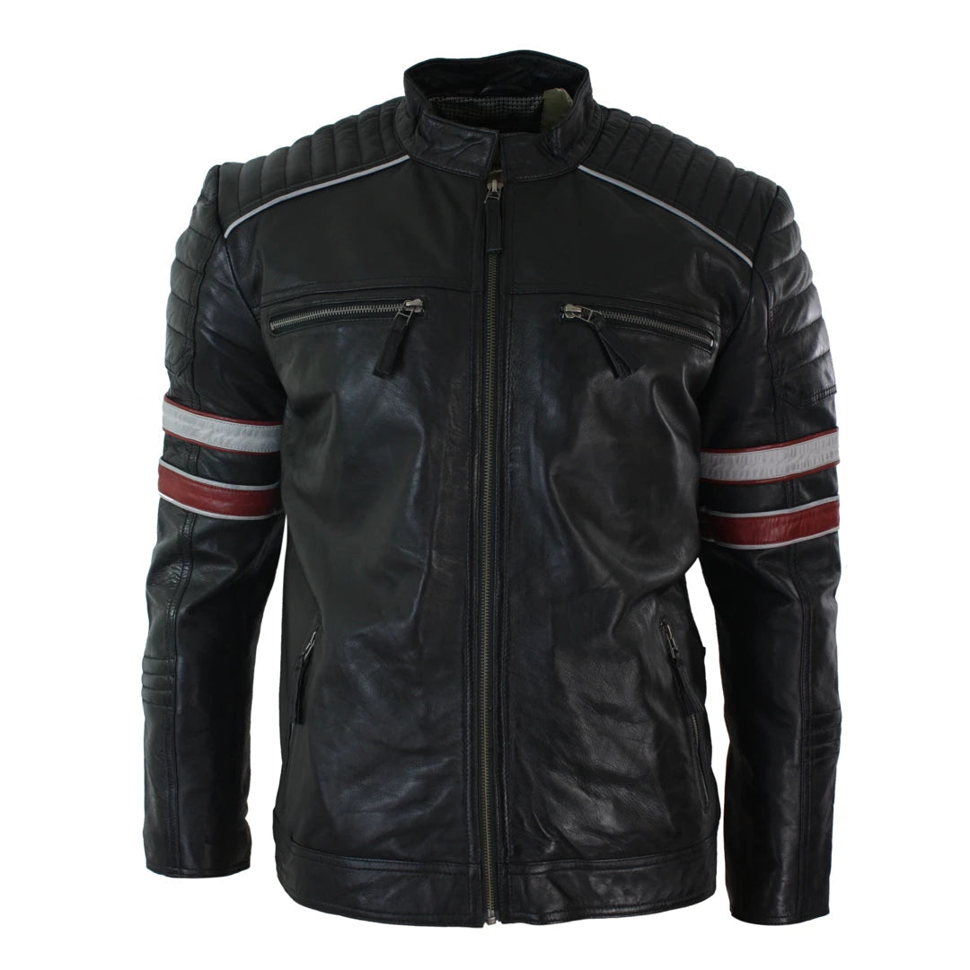 Mens Black Racing Biker Jacket Red White Stripes Real Leather Casual Fit-TruClothing