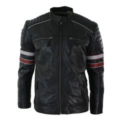 Mens Black Racing Biker Jacket Red White Stripes Real Leather Casual Fit-TruClothing