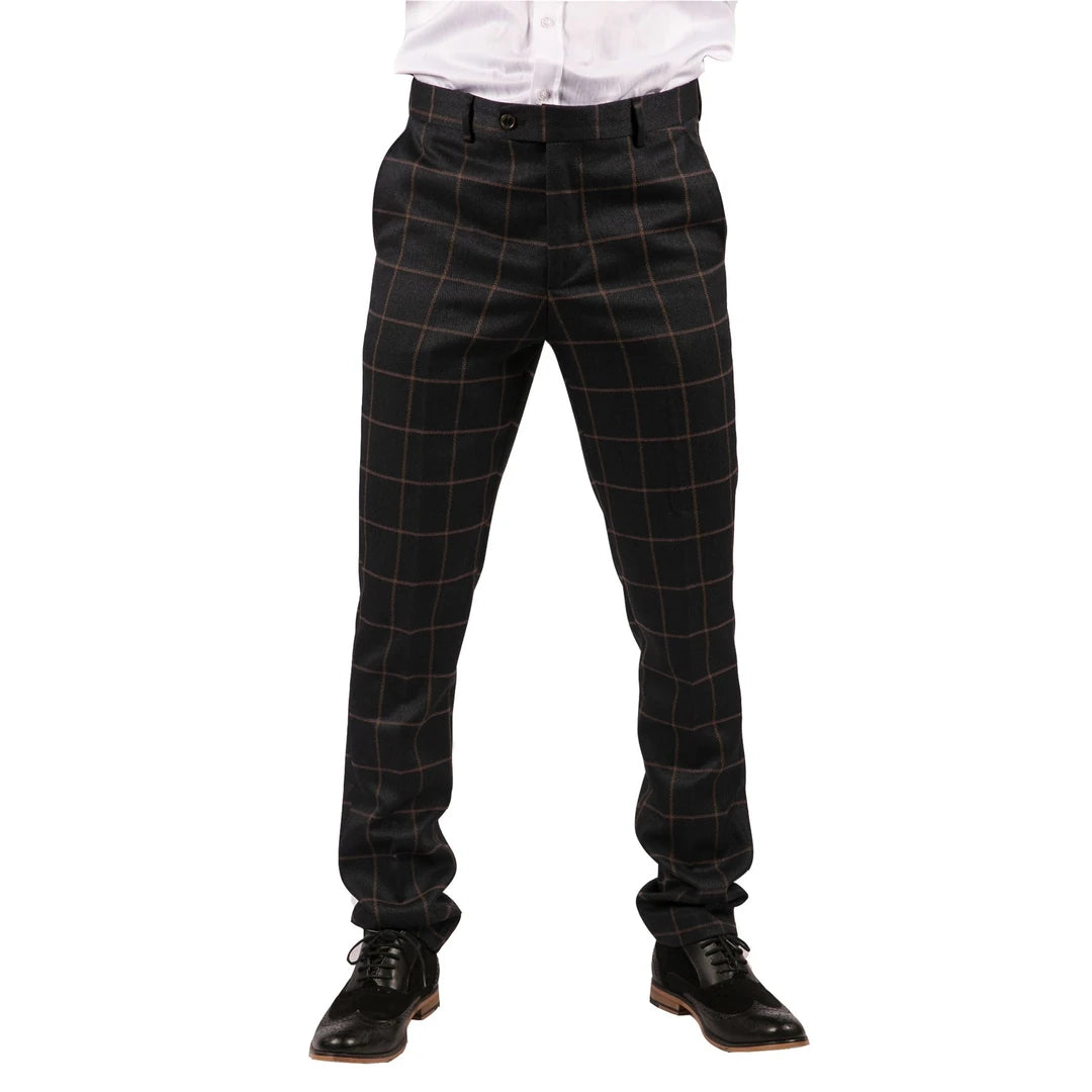 Mens Black Tweed Trousers Check Vintage 1920s Gatsby Blinders Tailored Fit Grey Blue-TruClothing