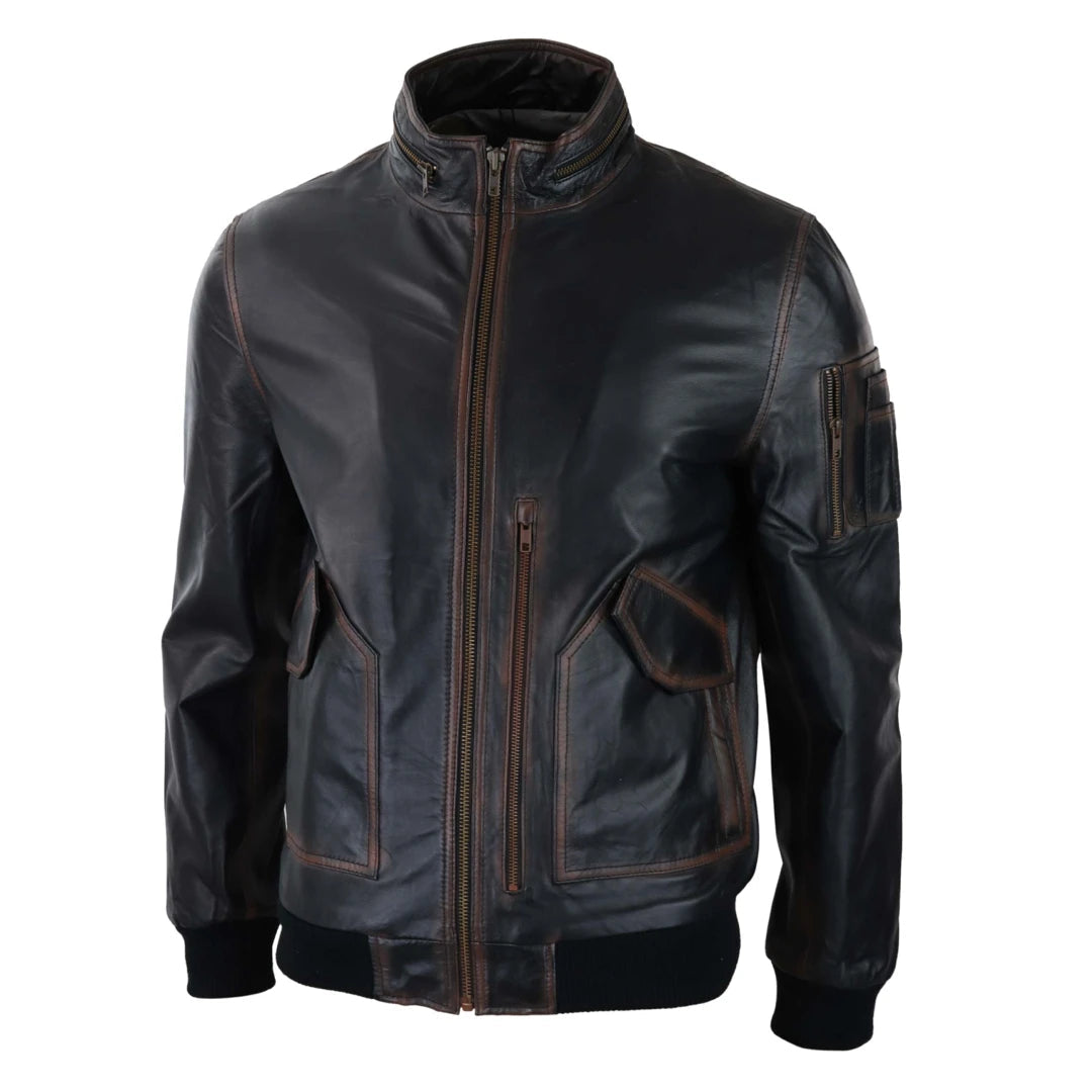 Mens Black and Brown Vintage Bomber Jacket-TruClothing