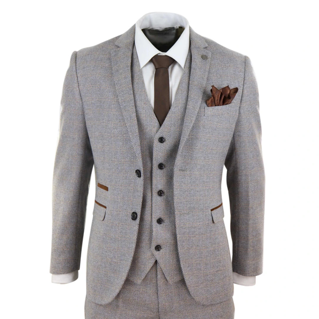 Mens Boys 3 Piece Suit Cream Beige Tweed Check Vintage Retro Tailored Fit 1920s-TruClothing
