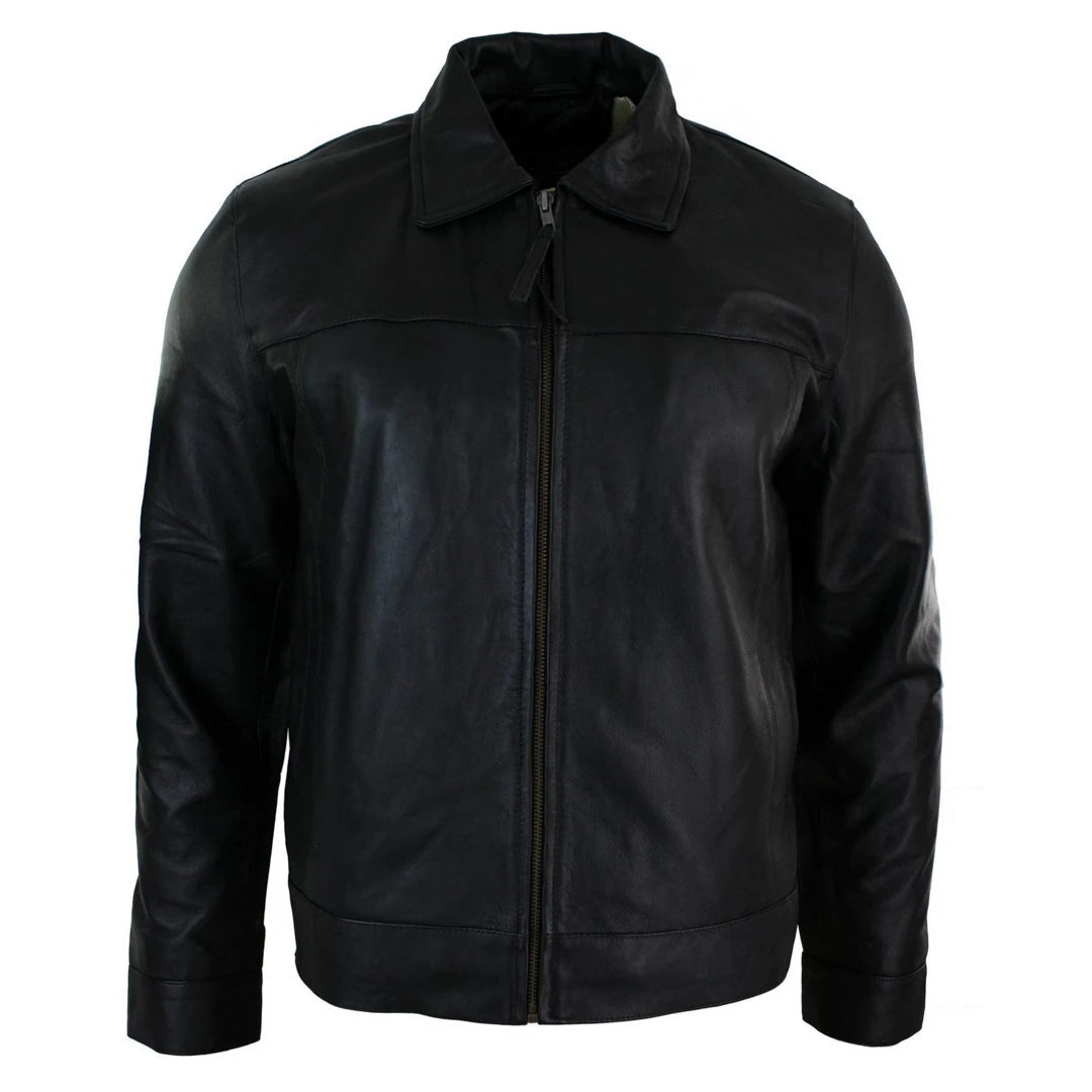 Mens Classic Zipped Real Leather Jacket Retro Black-TruClothing