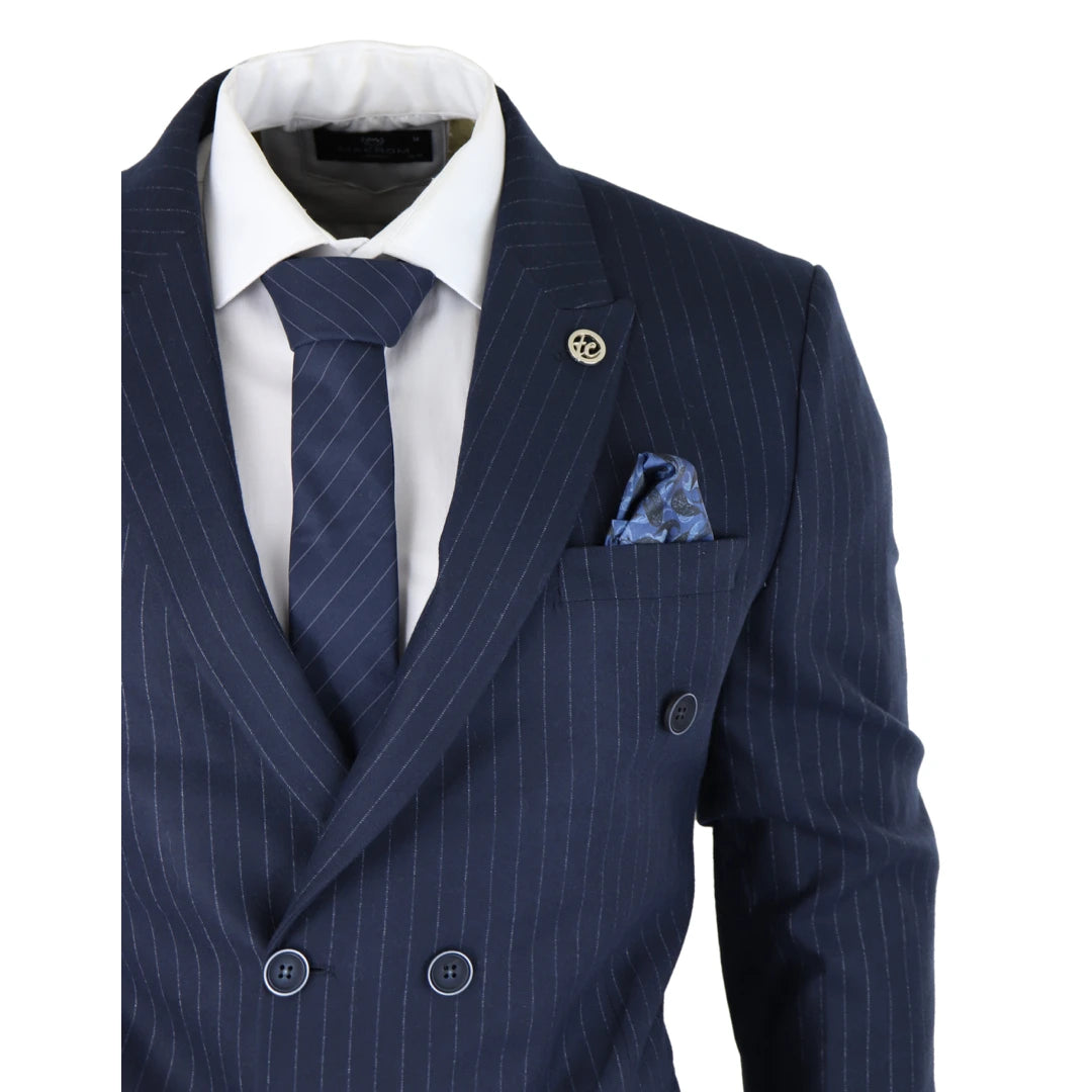 Mens Double Breasted Suit Navy Pinstripe 1920s Mafia Gangster Blinders Wedding-TruClothing
