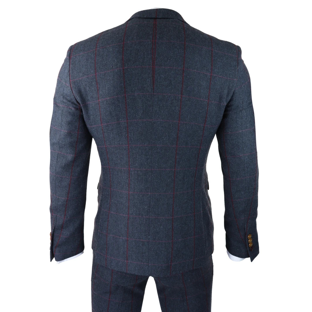 Mens Herringbone Tweed 3 Piece Navy Red Check Suit Vintage 1920s Tailored Fit-TruClothing
