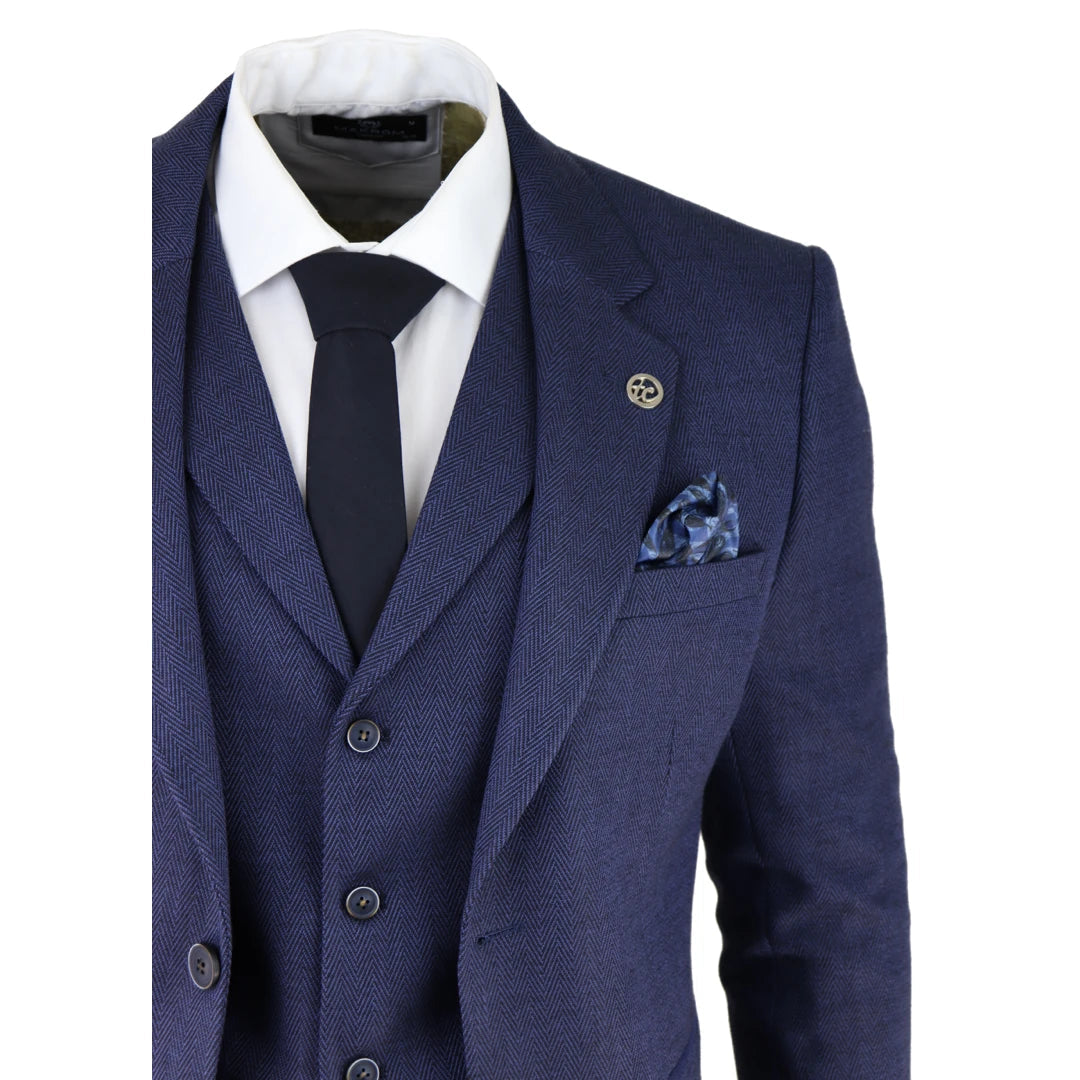 Mens Herringbone Tweed 3 Piece Suit Blue Classic Vintage Tailored Wedding Blinders-TruClothing