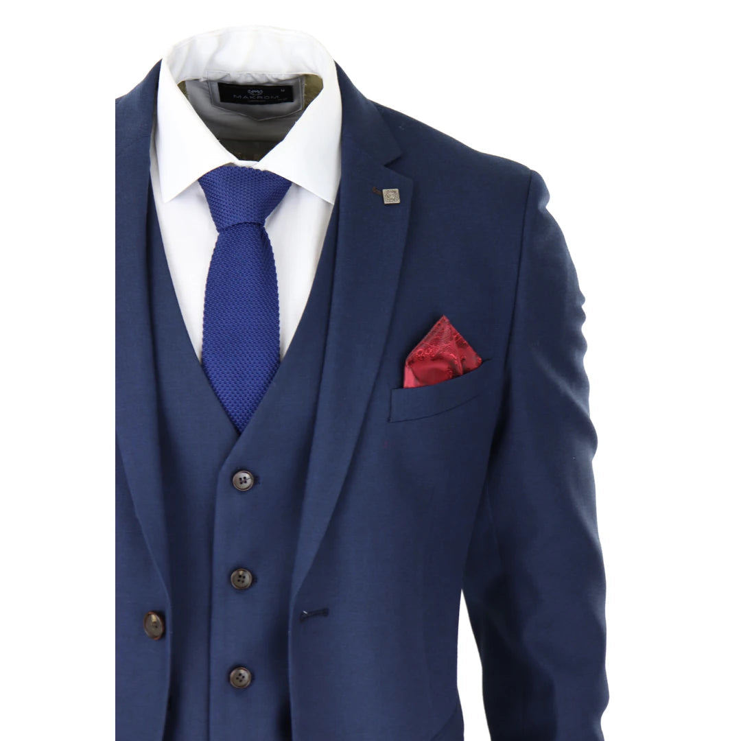 Mens Navy 3 Piece Suit Tailored Fit Smart Formal Classic Wedding Retro Vintage-TruClothing