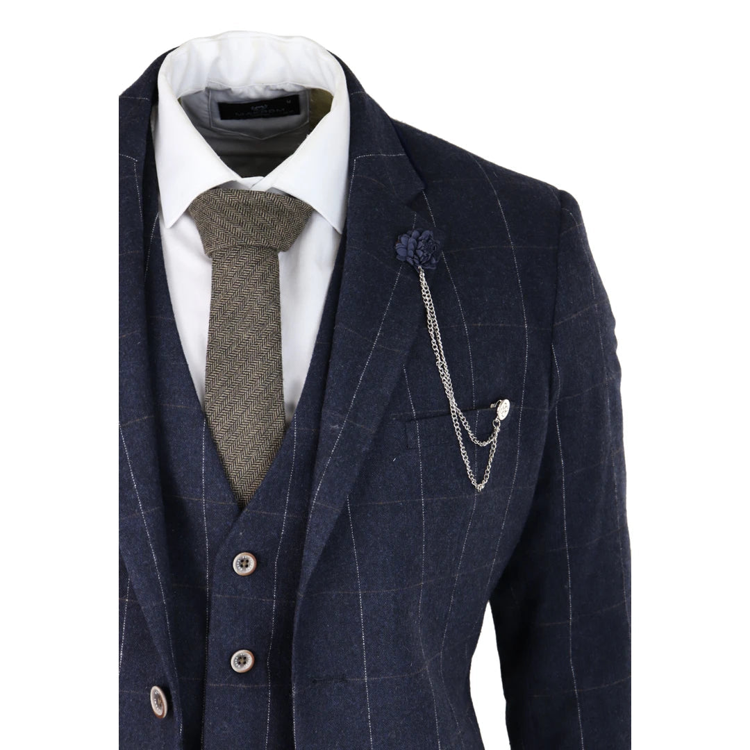 Mens Navy Check 3 Piece Suit Wool Tweed Classic 1920s Vintage Tailored Fit Wedding-TruClothing