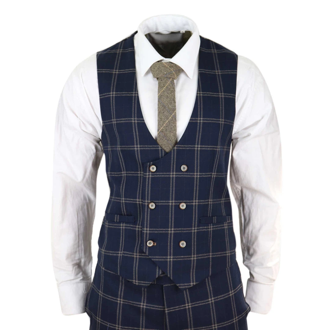 Mens Navy and Tan Check 3 Piece Suit - Cavani Hardy-TruClothing