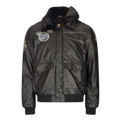 Mens Real Leather Black Aviator Fur Collar Pilot Jacket Slim Fit Bomber-TruClothing