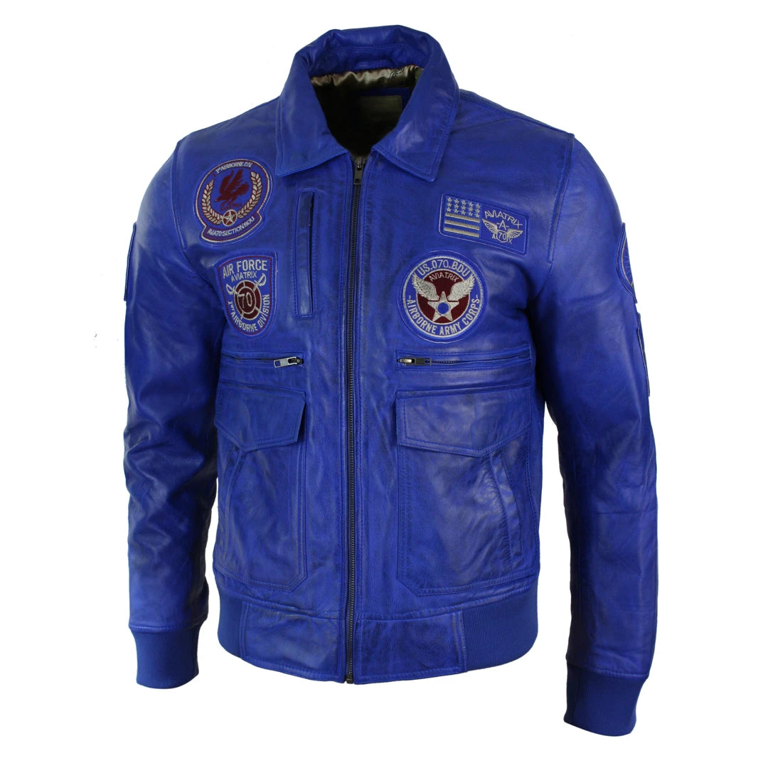 Mens Real Leather Black Bomber Badge Air Force Pilot Flying Jacket-TruClothing