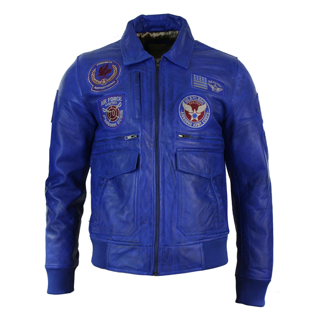 Mens Real Leather Black Bomber Badge Air Force Pilot Flying Jacket-TruClothing