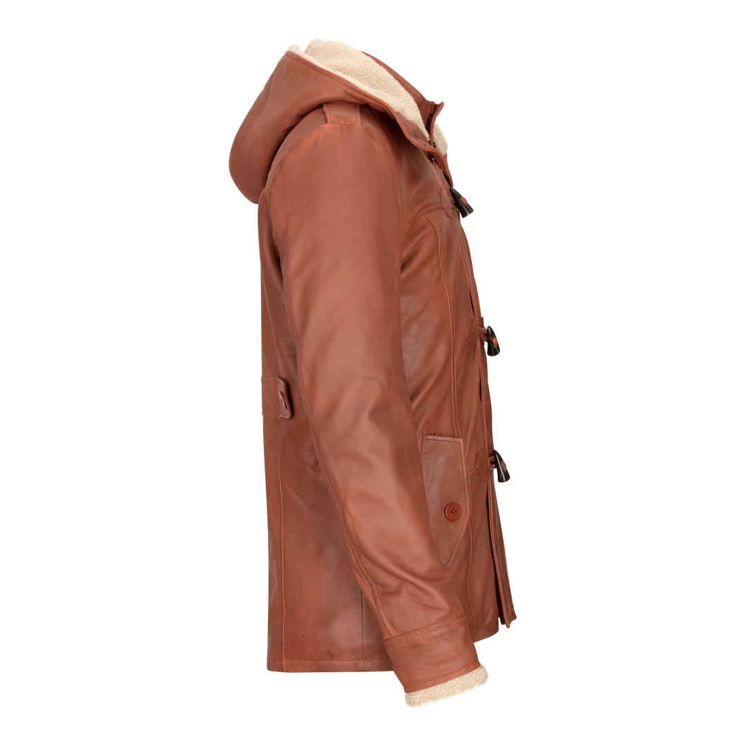 Mens Real Leather Hood Duffle Safari Jacket Long 3/4 Fur Washed Timber Brown Tan-TruClothing